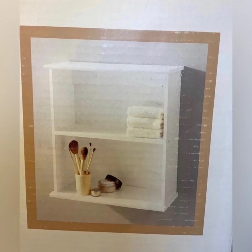 NIB Bath Basics Two Tier Wall Shelf Wood + Iron Collection WHITE FINISH